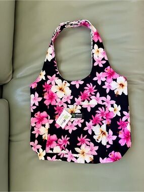 Nani Island Reversible Hobo Tote Bag - Pink Hibiscus on Black; Made in Hawaii